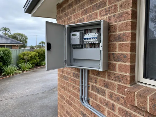 Upgraded outdoor switchboard with open metal door on a brick house wall beside a driveway in Noraville
